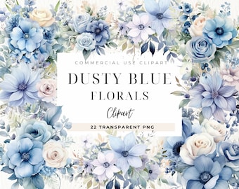 Clipart floral bleu poussiéreux, bouquet de fleurs bleu clair, clipart aquarelle à usage commercial, PNG transparents, mariage, baby shower garçon