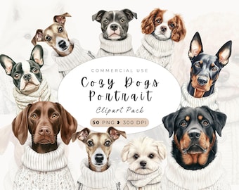 Watercolor Cozy Dogs Portrait Clipart, Digital Download, Dog Lover Print, Pet Portrait, Dog Breed, Cute Puppy, Labrador Retriever, Wall Art
