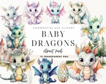 May include: A set of 15 watercolor illustrations of baby dragons in various poses and colors. The dragons are all cute and whimsical, with big eyes and small wings. The illustrations are perfect for use in scrapbooking, card making, and other craft projects.  COMMERCIAL USE CLIPART BABY DRAGONS clipart pack 15 TRANSPARENT PNG