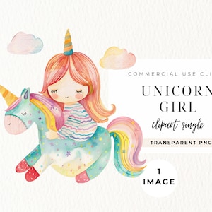 Princess Girl on Unicorn Clipart, Unicorn Clip Art, Pony Rainbow, Digital Download, Fairytale Png, Commercial Use, Girl, Kids Party