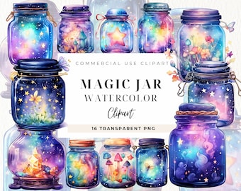 Watercolour Magical Jars Clipart, Fairytale Magic, Junk Journal, Celestial Butterfly Jars, Fantasy Clip art, Png Images, Commercial Use