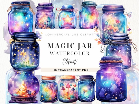 Watercolour Magical Jars Clipart, Fairytale Magic, Junk Journal, Celestial Butterfly Jars, Fantasy Clip art, Png Images, Commercial Use