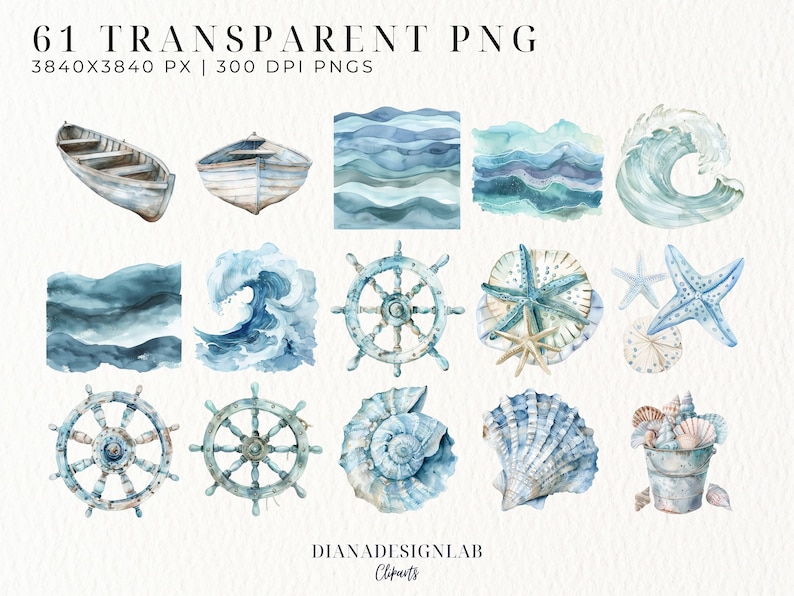 Op de afbeelding: Een set van 61 aquarel illustraties met nautische en strandthema's. De illustraties omvatten boten, golven, schelpen, zeesterren en scheepswielen. De illustraties zijn geschilderd in tinten blauw, groen en wit.