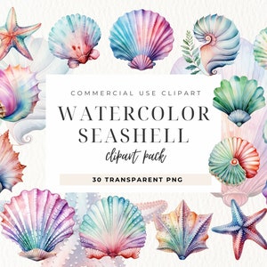 Puede incluir: Un conjunto de 30 imágenes de clipart de conchas marinas y estrellas de mar en acuarela. Las imágenes están en una variedad de colores, incluyendo rosa, azul, verde y morado. Las imágenes son perfectas para agregar un toque de fantasía a tus diseños.