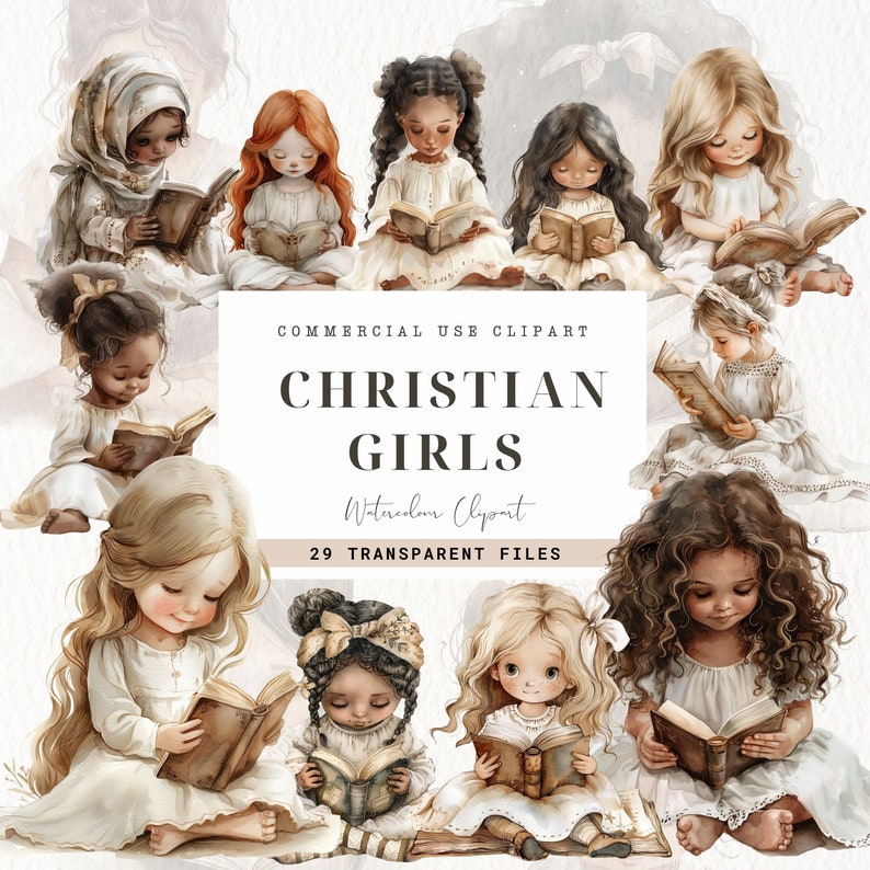 May include: Watercolor clipart of 29 Christian girls reading books. The girls are of different ethnicities and have different hairstyles. The clipart is perfect for creating religious-themed crafts, cards, and invitations.