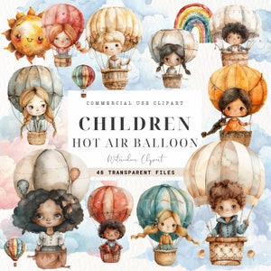 Hot Air Balloons Watercolor Clipart, Digital Download, Baby Boy Wall Art, Nursery Decor, Girl, Boho, Junk Journal, Children, Commercial Use