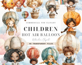 Hot Air Balloons Watercolor Clipart, Digital Download, Baby Boy Wall Art, Nursery Decor, Girl, Boho, Junk Journal, Children, Commercial Use