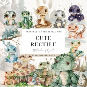 Clipart de réptil em aquarela, arquivo de corte de lagarto, lagarto barbudo, réptil fofo, estêncil de animal selvagem, crocodilo, berçário de animais, uso comercial