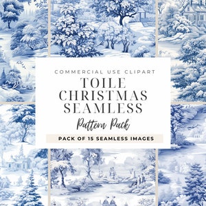 Papel digital Toile de Navidad, papel digital sin costuras Toile azul y blanco, papel digital imprimible, tarjeta de Navidad de acuarela