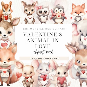 Aquarell Valentinstag Clipart, Liebe Clipart, Tierbabys, romantische Hochzeit PNG, Boho Valentine Clipart, Baby-Dusche, Kinderzimmer Dekor