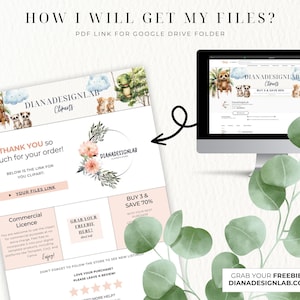 May include: A pink and green digital download thank you card with a floral wreath and the text "Thank you so much for your order!" and "Your files link". The card also includes a commercial license and a buy 3 and save 70% offer.