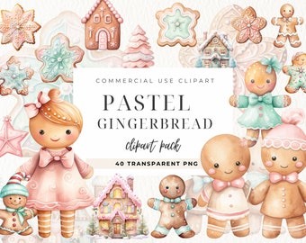 Pastel Gingerbread Clipart, Gingerbread House Clipart, Pink Christmas Clipart, Watercolor Xmas, Cookie Clip art, Instant Digital Download