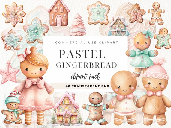Pastel Gingerbread Clipart, Gingerbread House Clipart, Pink Christmas Clipart, Watercolor Xmas, Cookie Clip art, Instant Digital Download