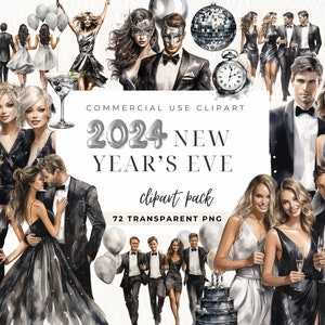 Clipart du Nouvel An 2024, Clipart fête du Nouvel An, Bonne année 2024 Svg, Noir et Argent, Nouvel An groovy, Téléchargement numérique, Invitation de carte