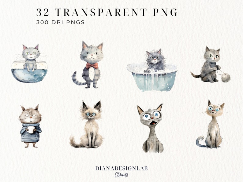 Pode incluir: Um conjunto de 32 ilustra&ccedil;&otilde;es de aquarela de gatos em v&aacute;rias poses. Os gatos s&atilde;o representados em um estilo caprichoso com rostos expressivos e personalidades &uacute;nicas. As ilustra&ccedil;&otilde;es s&atilde;o perfeitas para adicionar um toque de charme a qualquer projeto.