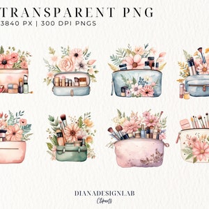 K&ouml;nnte beinhalten: 13 Aquarell-Illustrationen von Kosmetiktaschen mit Blumendesigns und Make-up-Pinseln. Die Taschen sind in verschiedenen Farben, darunter rosa, blau und gr&uuml;n. Die Blumen sind in Rosat&ouml;nen, Wei&szlig; und Gelb.