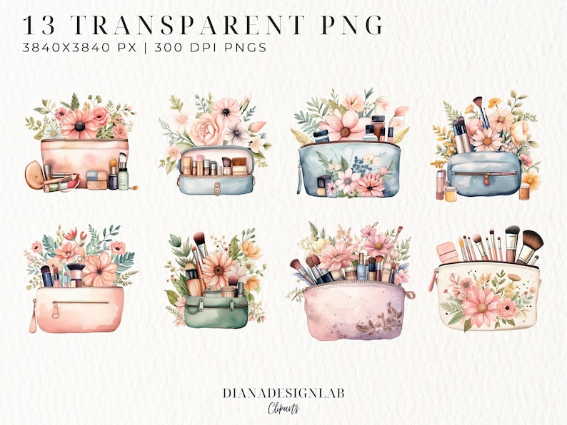 K&ouml;nnte beinhalten: 13 Aquarell-Illustrationen von Kosmetiktaschen mit Blumendesigns und Make-up-Pinseln. Die Taschen sind in verschiedenen Farben, darunter rosa, blau und gr&uuml;n. Die Blumen sind in Rosat&ouml;nen, Wei&szlig; und Gelb.
