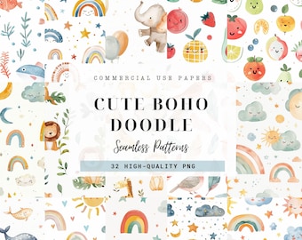 Boho Baby watercolor Clipart, Nursery Animal Seamless Pattern, Newborn Boho Kid Doodle, Baby Shower PNG, Moon, Cute Animal, Digital Paper