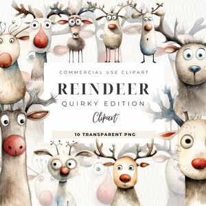 Renne Clipart aquarelle, cerf fantasque original, Noël original, renne drôle, graphiques de Noël, clipart hiver, usage Commercial
