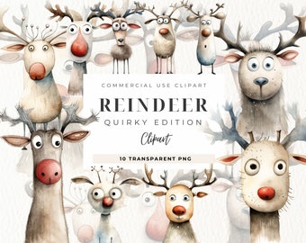 Reindeer Clipart Watercolor, Quirky Whimsical Deer, Quirky Christmas, Funny Reindeer, Christmas Graphics, Winter Clipart, Commercial Use