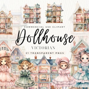 Clipart de casa de bonecas vitoriana, clipart de brinquedos vintage, uso comercial, casa de bonecas pastel aquarela png, registro no diário, álbum de recortes, casa fofa