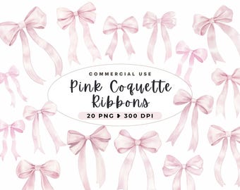Watercolor Pink Coquette Ribbons Clipart, Commercial Use, Simple Ribbons, Preppy Retro Bow Clip Art, Png, Ribbon Bow, Coquette Bows