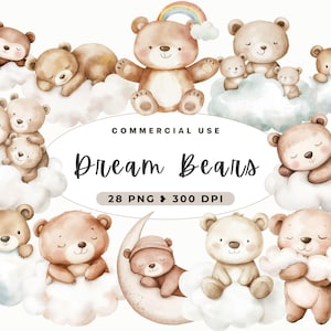 Beer met wolken clipart, digitale download, sterren en wolken, boho baby, slapende teddybeer, afbeeldingen aquarel kinderkamer, babyshower, schattig