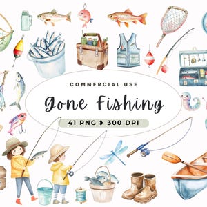 Gone Fishing Clipart, clipart aquarelle de matériel de pêche, canne à pêche, articles pour baby shower, enfants, leurres, fournitures, anniversaire, chambre de bébé PNG