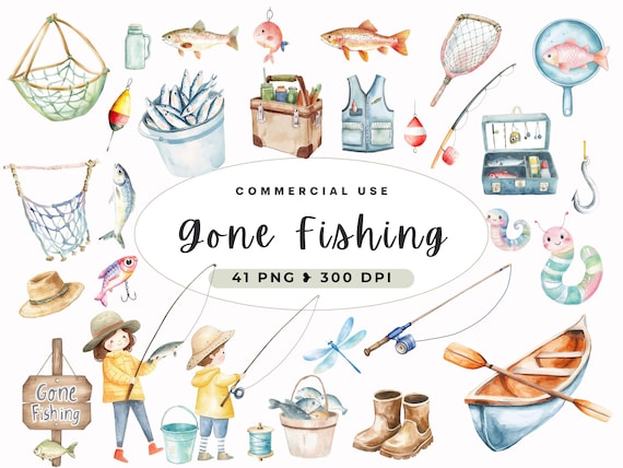 Gone Fishing Clipart, Fishing Tackle Watercolor Clip Art, Fishing Rod, Items for Baby Shower, Kids, Lures, Supplies, Birthday, Nursery PNG