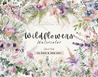 Imágenes prediseñadas de flores silvestres, boceto de flores de acuarela, borde de flores de verano, ramo de flores silvestres SVG, arreglo floral, boda, uso comercial