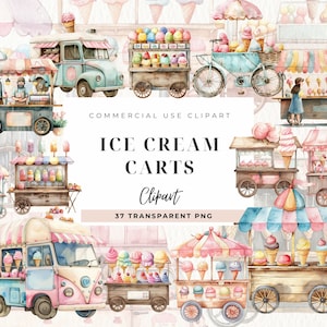 アイスクリームカートのクリップアート、即時ダウンロード、水彩夏 PNG、アイスクリームパーティー、フェアフードの甘いお菓子、アイスクリームトラック、商用利用