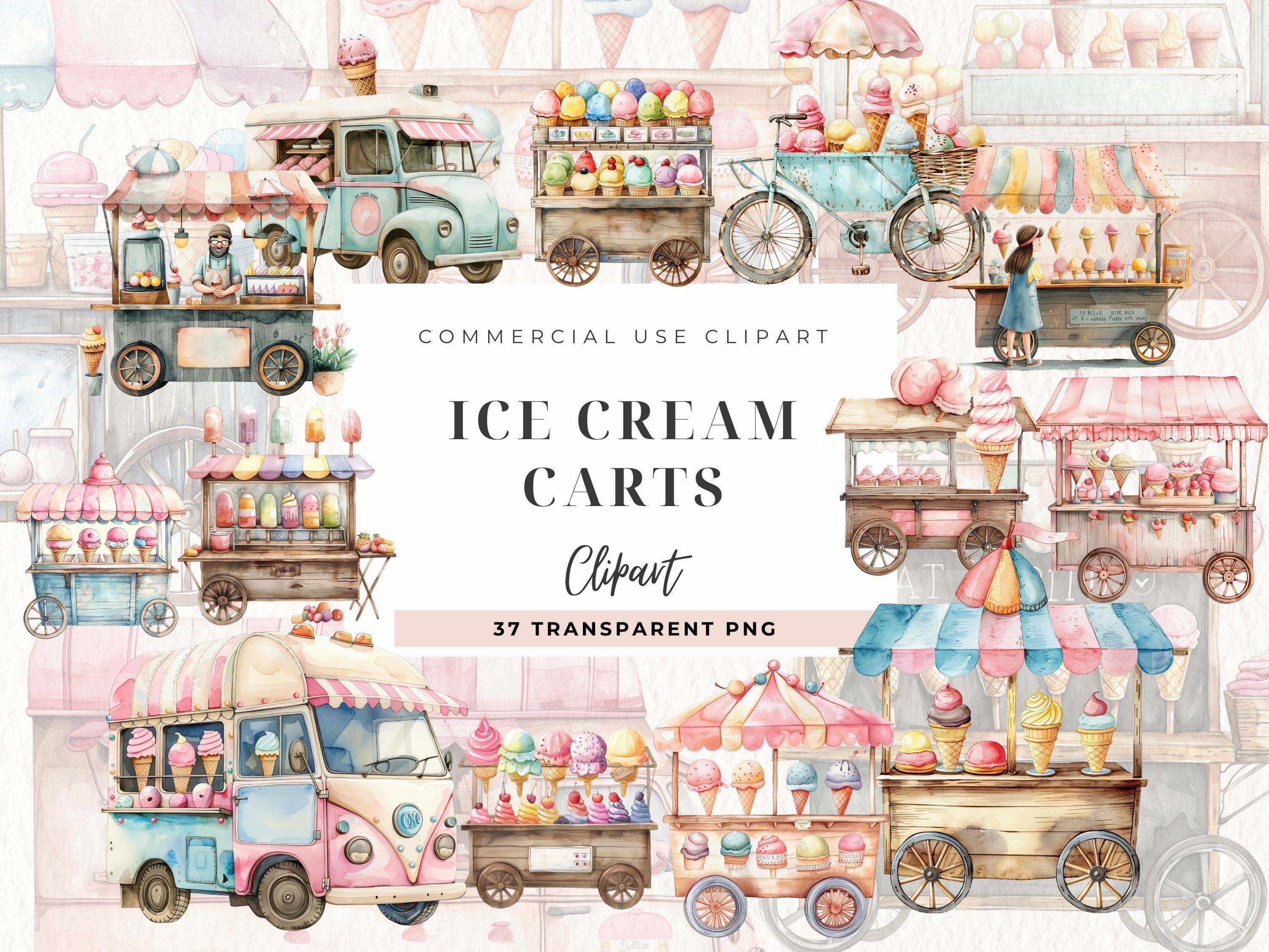 Ice Cream Cart Clipart, Instant Download, Watercolor Summer PNG, Ice Cream Party, Fair Food Sweet Treats, Ice Cream Truck, Commercial Use