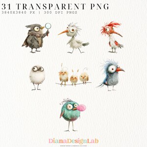May include: A set of 31 digital illustrations of whimsical cartoon birds with various expressions and poses. The birds are drawn in a watercolor style with a white background.