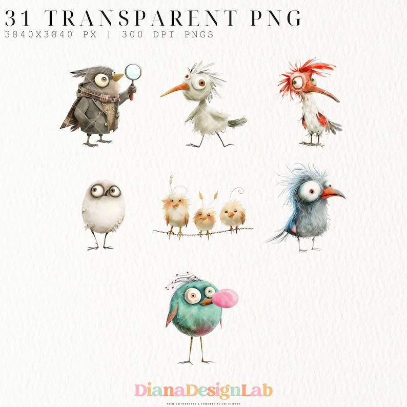 May include: A set of 31 digital illustrations of whimsical cartoon birds with various expressions and poses. The birds are drawn in a watercolor style with a white background.