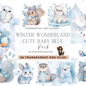 Pacote de clipart fofo do país das maravilhas do inverno, azul bebê, aquarela de inverno, clipart de urso polar, clipart de floresta, clipart de inverno, uso comercial