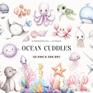 Clipart de animales marinos en acuarela, lindos bajo el mar, decoración para guarderías y baby showers, amigos del océano, tiburón, pez, pulpo, ballena, estilo bohemio pastel.