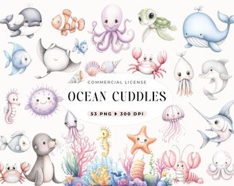 Watercolor Sea Animals Clipart, Cute Under the Sea, Nursery and Baby Shower Decor, Ocean Friends, Shark, Fish, Octupus, Whale, Boho Pastel