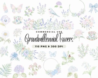 Grandmillennial Botanical Clipart, Frames, Botanical Watercolor, Wedding Invite DIY, Wild Flower Borders, Dainty Florals, Commercial License