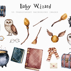 Puede incluir: Un conjunto de 50 ilustraciones de acuarela que representan varios objetos m&aacute;gicos, incluyendo un libro, un caldero, una escoba, un cofre, una bufanda, una snitch, una varita m&aacute;gica y b&uacute;hos. Las ilustraciones son perfectas para crear dise&ntilde;os m&aacute;gicos para invitaciones, tarjetas y otras manualidades.