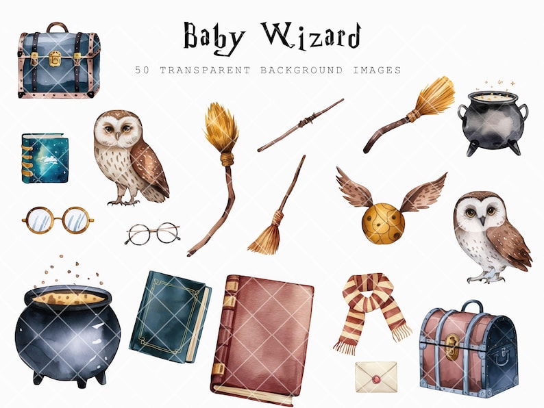 Puede incluir: Un conjunto de 50 ilustraciones de acuarela que representan varios objetos m&aacute;gicos, incluyendo un libro, un caldero, una escoba, un cofre, una bufanda, una snitch, una varita m&aacute;gica y b&uacute;hos. Las ilustraciones son perfectas para crear dise&ntilde;os m&aacute;gicos para invitaciones, tarjetas y otras manualidades.