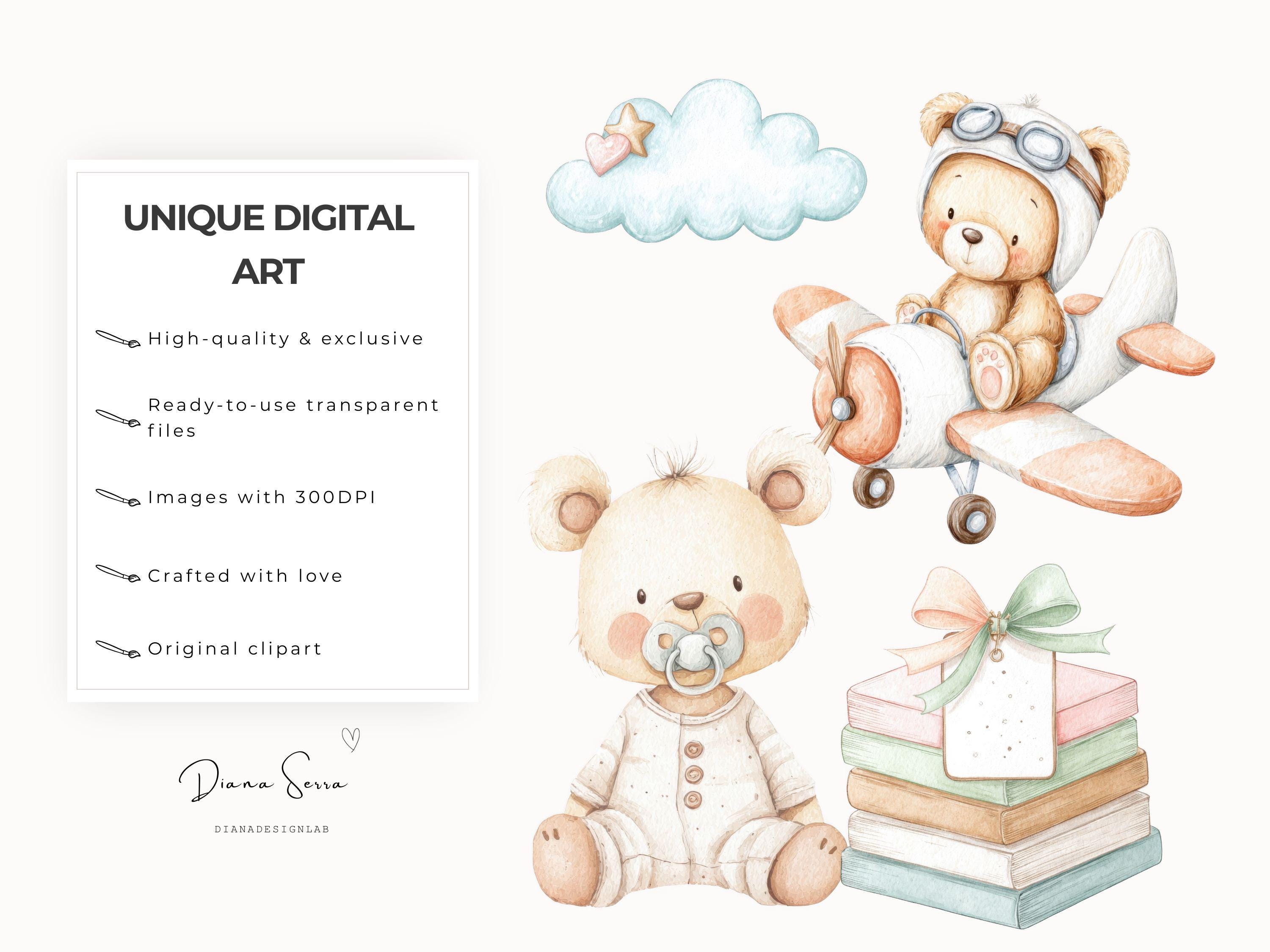 Watercolor Teddy Bear Clipart: Boho Baby Shower PNG Graphics ...