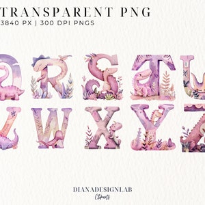 May include: A set of 26 watercolor alphabet letters featuring dinosaurs in pink, purple, and green hues. Each letter is decorated with foliage and small dinosaurs. The letters are designed for use as clipart.