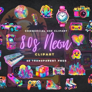 Neon 80S Clipart, Téléchargement instantané, 80S Clipart, Arcade, Cassette, Retro Clip art, Téléchargement numérique, Patins à roulettes, Néon des années 80, Bébé des années 1980