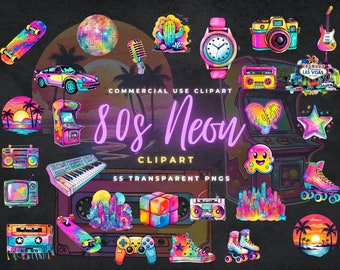 Neon 80S Clipart, Instant Download, 80S Clipart, Arcade, Cassette, Retro Clip art, Digital Download, Roller Skates, 80S Neon, 1980s Baby