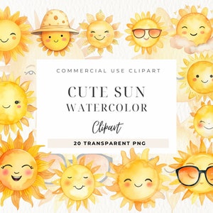Clipart sole carino acquerello, uso commerciale, clipart meteo, baby shower, sole, arcobaleno Png, sole Boho, arte dell'asilo nido, artigianato con carta digitale