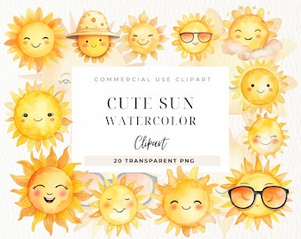 Watercolor Cute Sun Clipart, Commercial Use, Weather Clip Art, Baby Shower, Sun, Rainbow Png, Boho Sun, Nursery Art, Digital Paper Craft