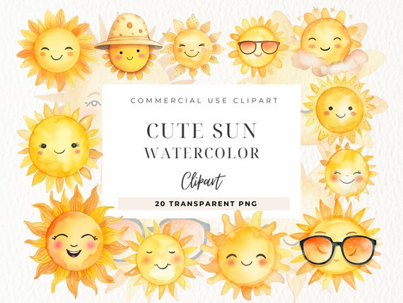 Watercolor Cute Sun Clipart, Commercial Use, Weather Clip Art, Baby Shower, Sun, Rainbow Png, Boho Sun, Nursery Art, Digital Paper Craft