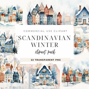 Clipart di case invernali scandinave, clipart di villaggi di Natale, case nordiche, clipart di villaggi invernali, composizioni di città con case, inviti