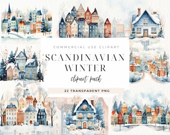 Scandinavian Winter Houses Clipart, Christmas Village Clipart, Nordic Houses, Winter Village Clipart, City Compositions With Houses, Invites