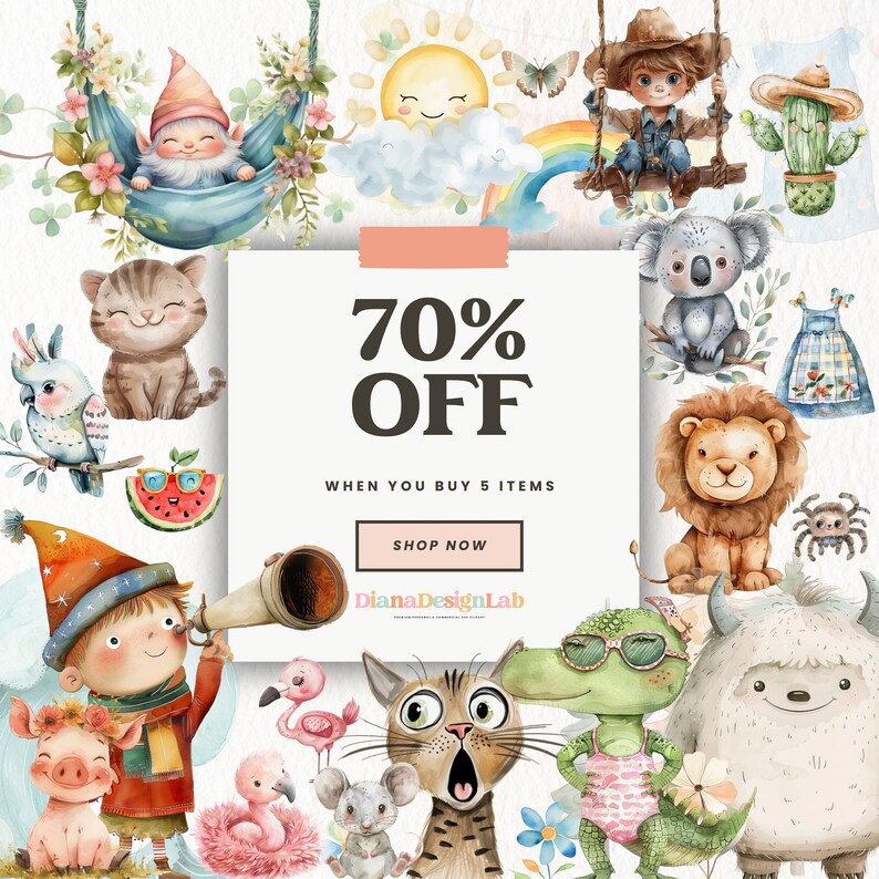 May include: A colorful illustration featuring various cute animals, including a cat, koala, lion, and a yeti. The illustration also includes a gnome, a flamingo, a mouse, a crocodile, and a watermelon. The text "70% OFF" is displayed on a white background with the words "WHEN YOU BUY 5 ITEMS" and "SHOP NOW" below. The text "DianaDesignLab" is also displayed on the white background.